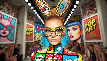 Obraz premium Fashionista woman dressed as bunny pop-art, Fashion week
