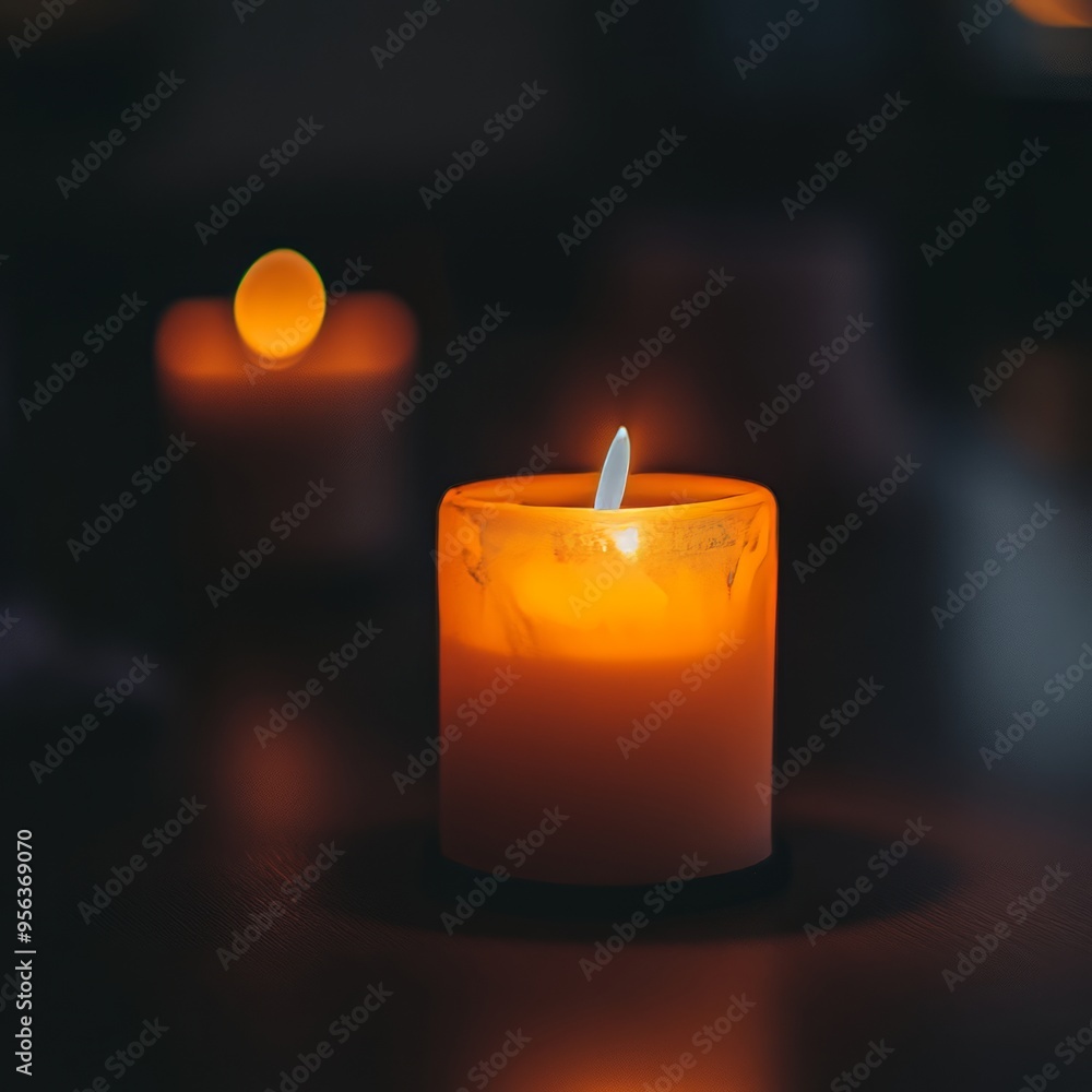 Wall mural A single lit candle on a wooden table, with a blurred out candle in the background.