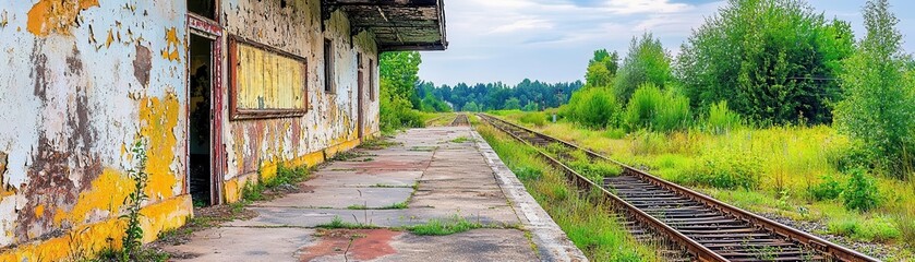 Obraz premium Rustic train station sign with peeling paint, overgrown tracks leading away, Retro realism, HDR photography, Moody lighting
