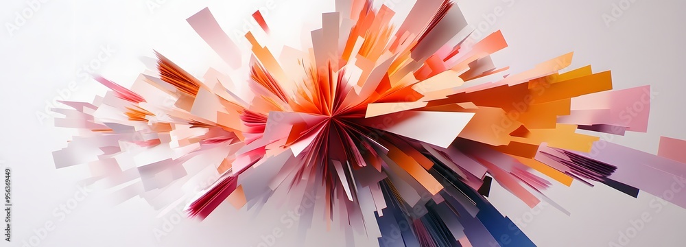 Poster 5. a burst of fragmented paper elements radiating from a central point with subtle gradients