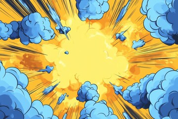 Cartoon comic book style background with an explosion of yellow and white clouds against a blue sky background.