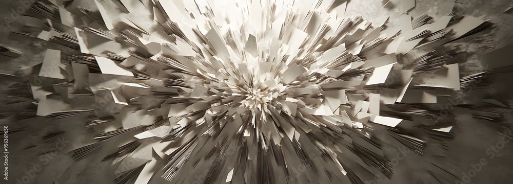 Aufkleber 5. a burst of fragmented paper elements radiating from a central point with subtle gradients