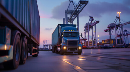 Fototapeta premium Truck trailer on the pier in the cargo port terminal with cranes and containers. AI Generated