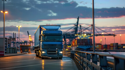 Fototapeta premium Truck trailer on the pier in the cargo port terminal with cranes and containers. AI Generated