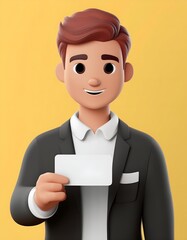 3D illustration of a smiling young businessman showing a blank business card