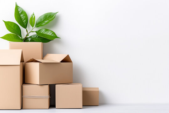 Stack of Cardboard Boxes with a Plant