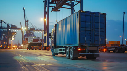 Truck trailer on the pier in the cargo port terminal with cranes and containers. AI Generated