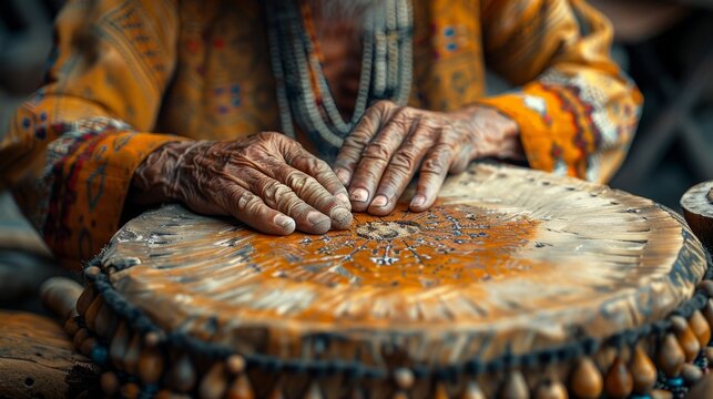 Hispanic Heritage Month . A close-up shot of a Hispanic artisan meticulously crafting a traditional piece of art, their hands moving with practiced skill and passion.