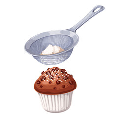 Sprinkle cartoon muffin with powdered sugar using sieve. Powder pouring on chocolate cake in paper baking cup. Pastry preparation, bakery mascot, cartoon tasty muffin cooking vector illustration