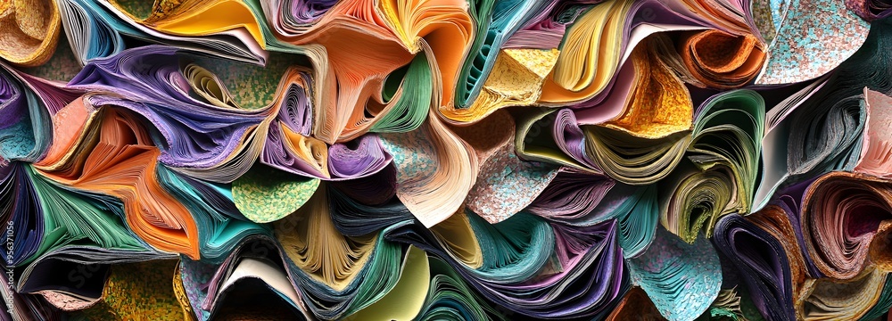 Poster 7. textured paper shapes interwoven to create a complex, three-dimensional mosaic