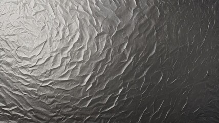 A detailed shot of a wrinkled metallic surface showcases intricate textures and highlights, creating a dramatic visual effect.