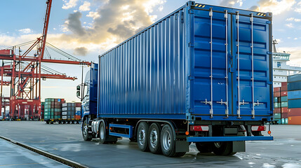 Naklejka premium Truck trailer on the pier in the cargo port terminal with cranes and containers. AI Generated