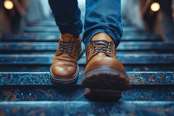 Close-up of a young businessman's feet sprinting up office stairs, symbolizing urgency and ambition in a corporate environment.