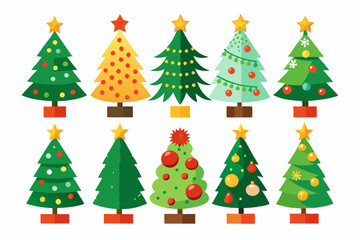 Christmas trees vector set isolated on white background, Colorful collection of Christmas New Year trees icon illustration