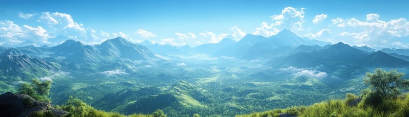 Naklejka premium Serene Mountain Landscape under Clear Blue Sky - 3D Illustration of Tranquil Scenery with Stunning Peaks and Peaceful Atmosphere