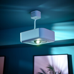 The  square multimedia projector with lens hanging on the ceiling in the office, angled slightly upward,