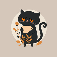 Flat Cartoon Vector Design of a Cat Holding a Coffee Mug