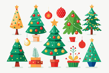 Christmas trees vector set isolated on white background, Colorful collection of Christmas New Year trees icon illustration