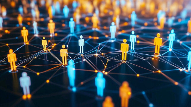 Group of schematic people connected by luminous dotted lines on a dark blue background. Schematic glowing 3D people. Concept of social networks, world wide web, global network connection, demography
