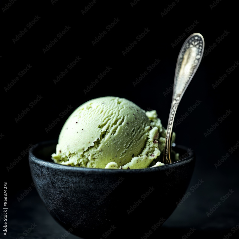 Sticker A single scoop of green pistachio ice cream in a black bowl with a silver spoon on a black background.