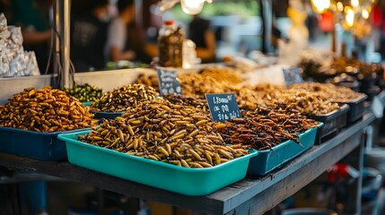 A trendy food market stall offering an assortment of edible insect snacks, including roasted crickets and mealworm bars, in a vibrant setting