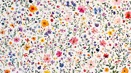 Floral motley background of small summer wild flowers. Painted flowers on white background, plant banner, fabric pattern, textile design in Provence style