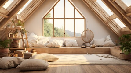 A cozy attic space with a meditation cushion arranged for a peaceful and focused practice amid natural light.
