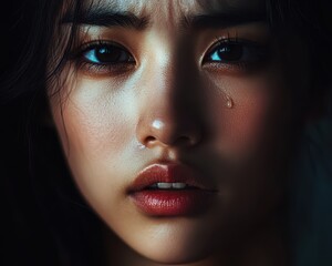 Asian woman with tears welling up in her eyes, lips trembling, a solitary tear escaping, soft lighting accentuating her sorrow, guilt expression, heartfelt closeup