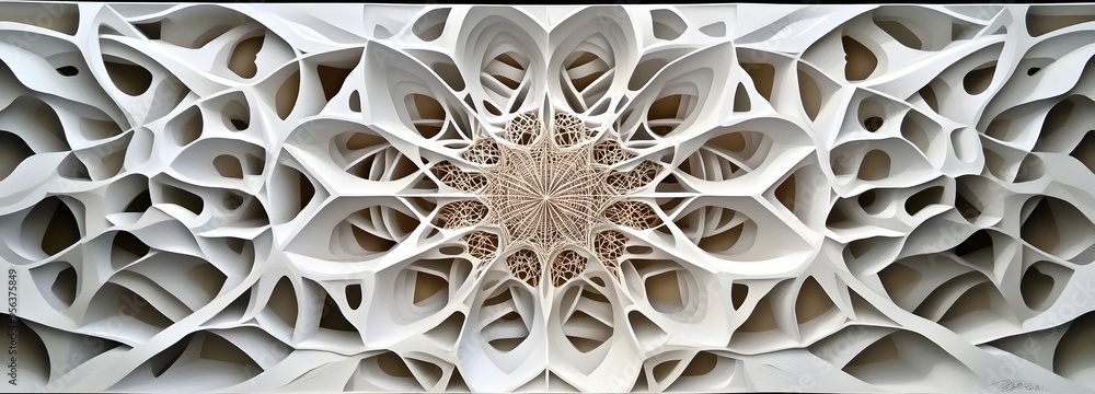 Aufkleber 14. layered geometric shapes with intricate paper cuts forming a complex, three-dimensional structur