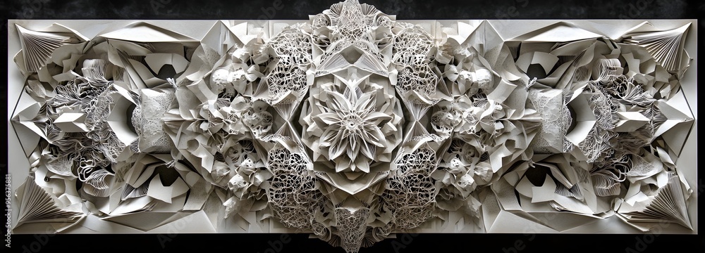 Poster 14. layered geometric shapes with intricate paper cuts forming a complex, three-dimensional structur