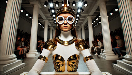 Fashion model dressed in Greek mythology outfit, Contemporary style Fashion week 
