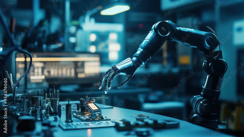 Poster a humanoid ai robot engages in delicate assembly tasks surrounded by advanced tools and equipment in