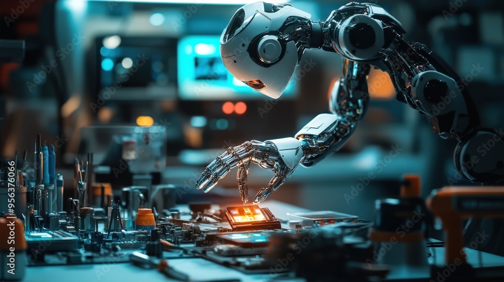 Poster a humanoid ai robot meticulously interacts with electronic components in a modern workshop, showcasi