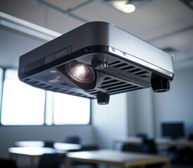 The square multimedia projector with lens hanging on the ceiling in the office, captured in profile