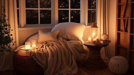 A cozy reading nook bathed in soft candlelight, featuring a meditation cushion for a calming evening meditation.