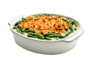 Green bean casserole topped with crispy onions in an orange-handled ceramic dish isolated on white background. Concept of traditional holiday Thanksgiving Day side dishes