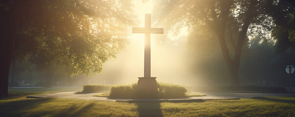 Crucifix in morning light agaisnt green autumn forest.