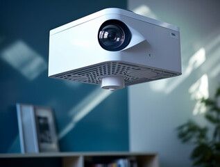 The square multimedia projector with lens hanging on the ceiling in the office, in an upward-angled shot