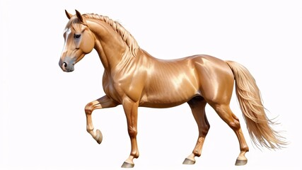 Obraz premium A golden palomino horse stands with a raised front leg on a white background.