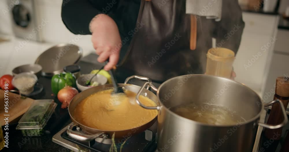 Sticker Cooking, pasta and sauce with hands of person in kitchen for food, diet and meal prep. Nutrition, cuisine and dinner with chef and recipe at home for wellness, dining and healthy ingredients