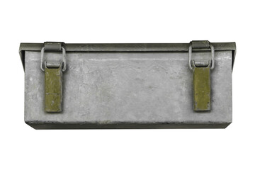 Fototapeta premium Rectangular metal military box with copyspace and weathered surface and two green latch closures on the top edge is isolated. 