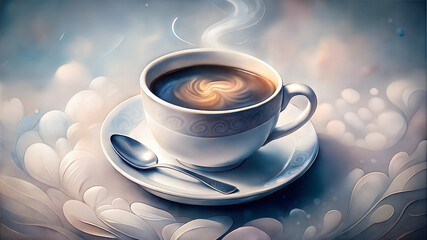 Fototapeta premium Morning coffee cup with swirling steam on elegant background in soft pastel colors