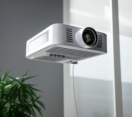 The square multimedia projector with lens hanging on the ceiling in the office, with its sharp lines and design set against a neutral backdrop