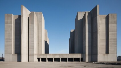 Obraz premium A large brutalist building made of raw concrete with sharp angles and massive, block-like structures.