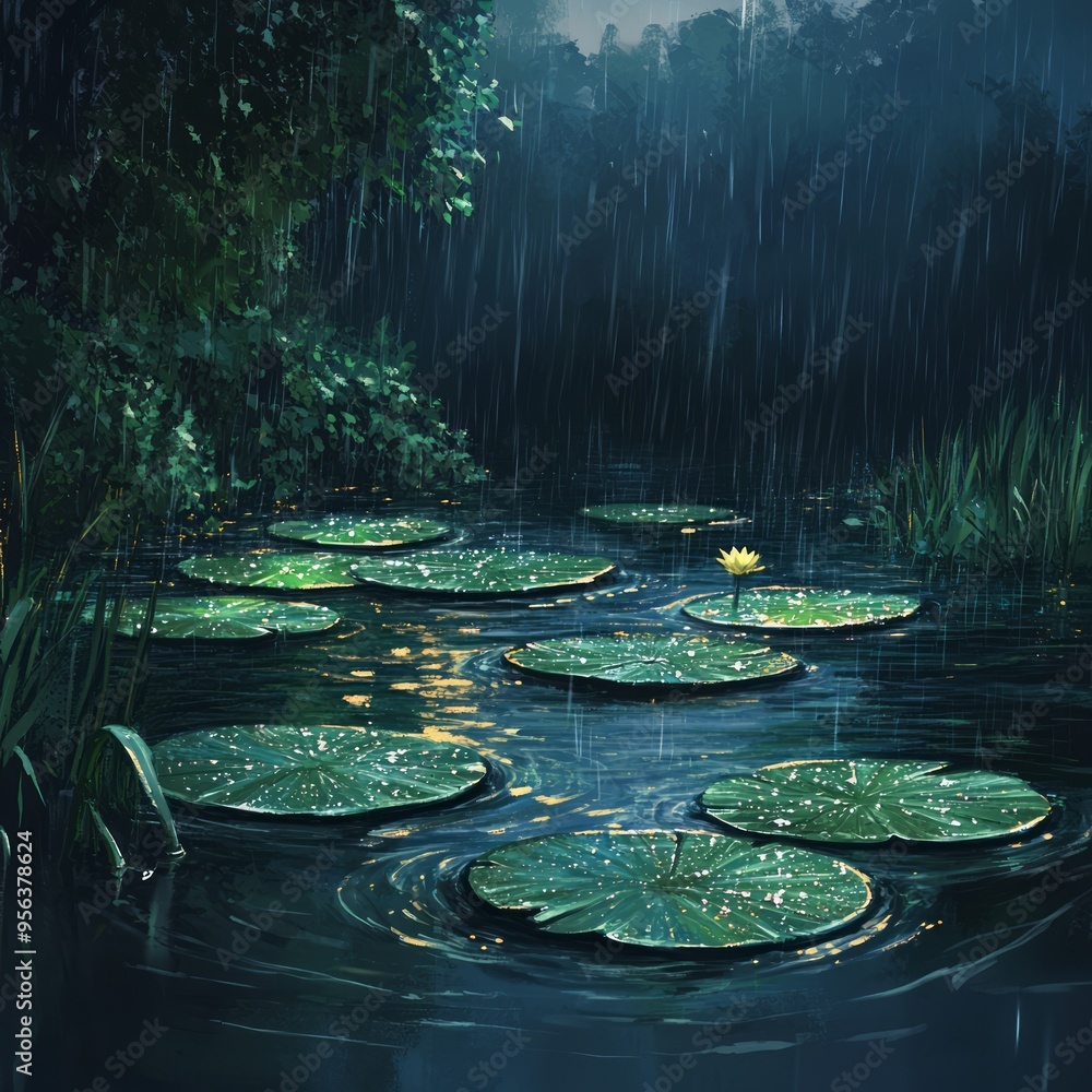 Canvas Prints A single yellow water lily blooms in a pond surrounded by lily pads and lush greenery under a heavy downpour.