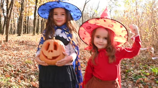 ittle girls in carnival costumes of witches hold a pumpkin in their hands - Jack's lantern and celebrate Halloween against the backdrop of the forest.