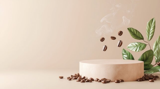 A minimalist display with coffee beans floating above a wooden pedestal and fresh leaves, showcasing a serene coffee aesthetic.