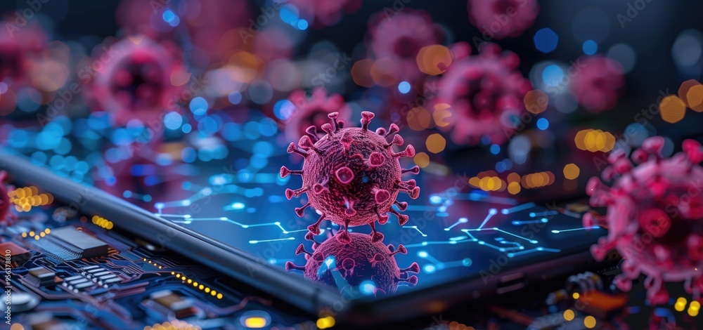 Poster close-up of virus cells on digital circuit board display representing cybersecurity threats.
