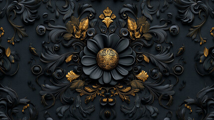 Intricate Black Floral Ornament with Luxurious Golden Accents on Dark Background
