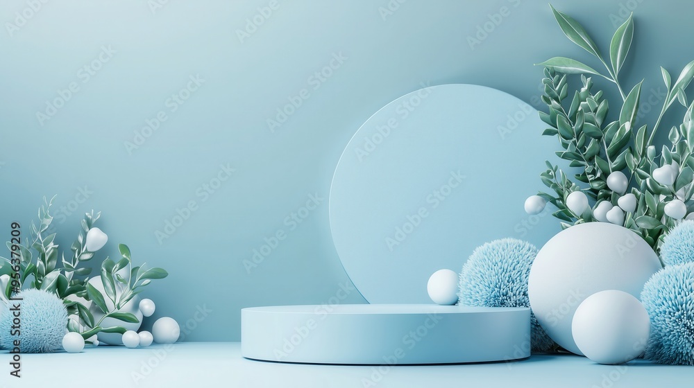 Poster a serene arrangement of soft blue elements with circular shapes, creating a calming and minimalist a